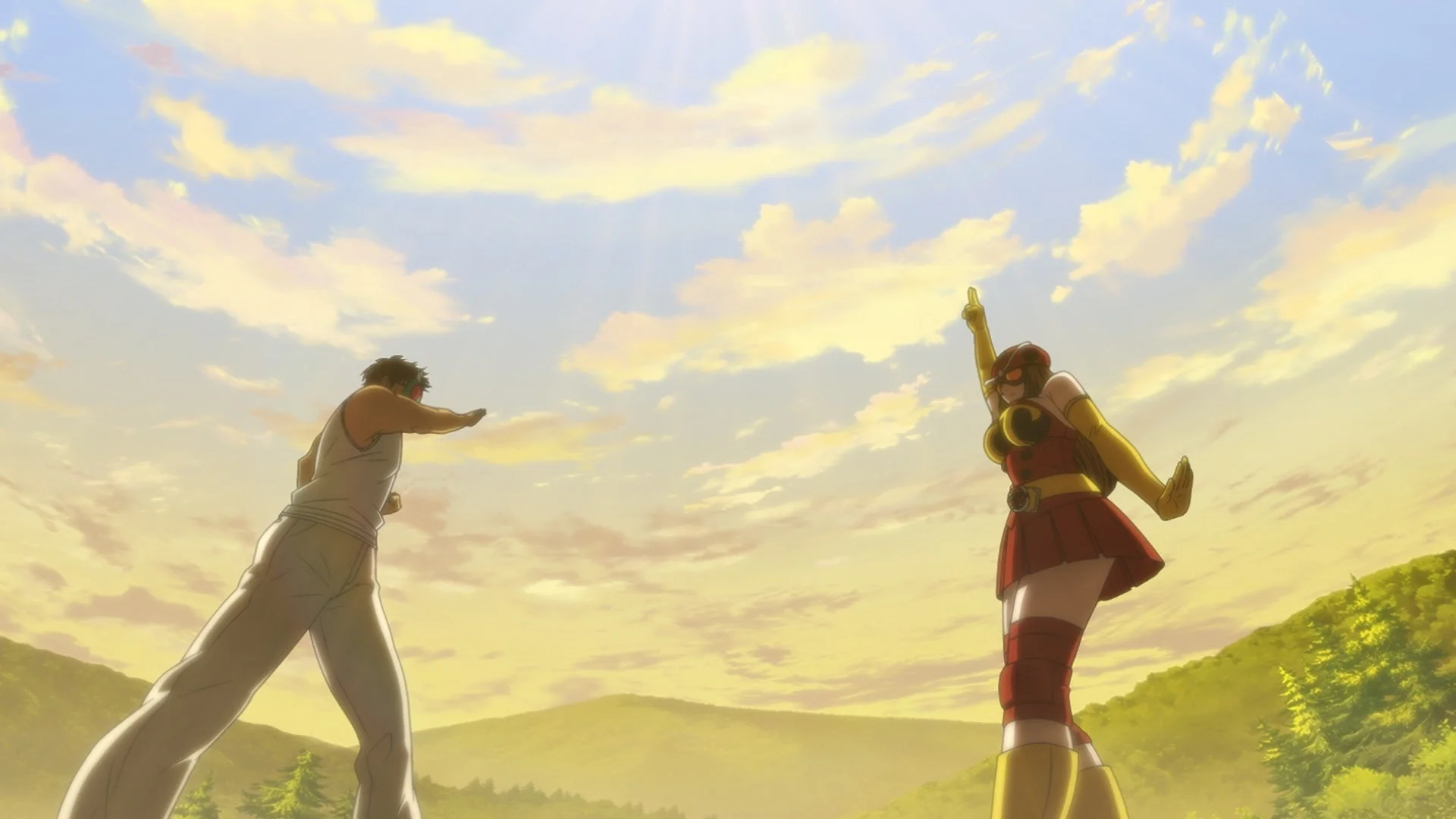 夕焼け空の下、男性キャラクターと赤と黄色のコスチュームを着た女性ヒーローが向かい合って立っているアニメのシーン