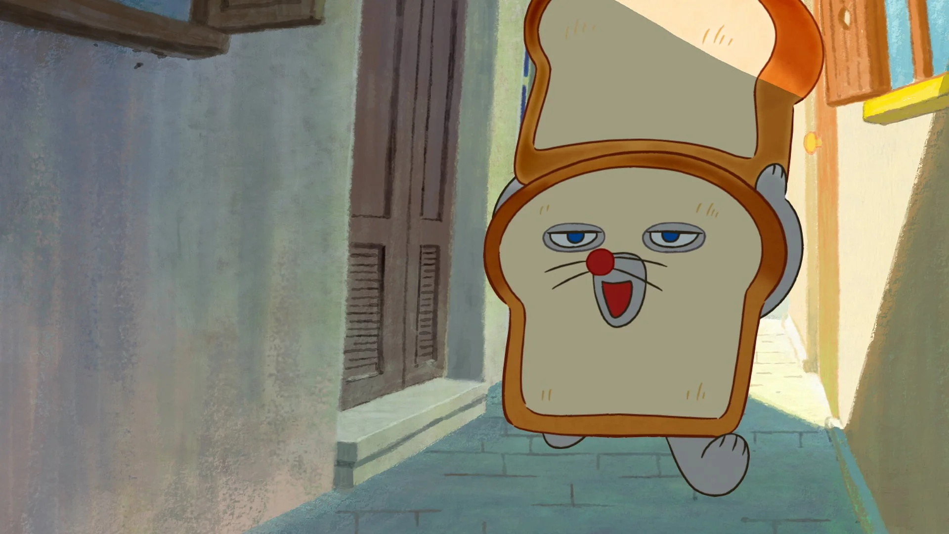 パンどろぼうが路地を歩く