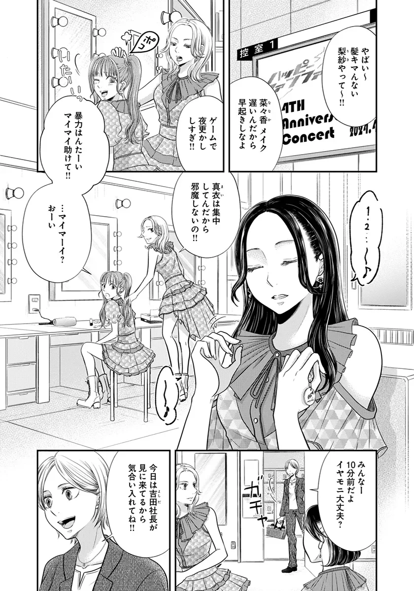 アイドルグループが4周年記念コンサートの楽屋で準備をしている様子