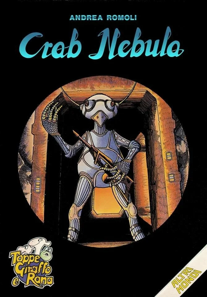 鳥のような顔をしたロボットまたはエイリアンのキャラクターが武器を持つコミックカバー