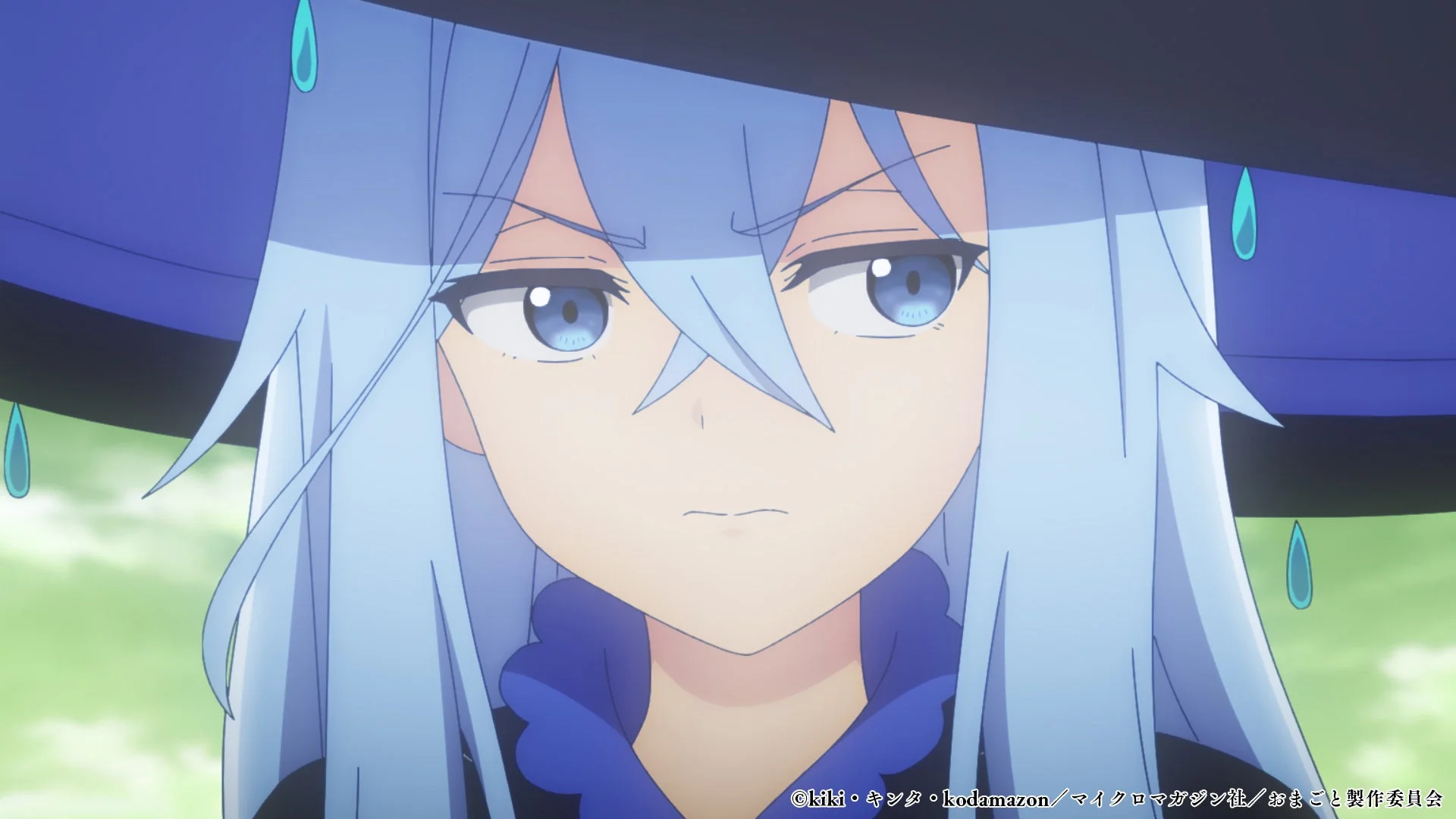 青髪の少女、帽子、不機嫌