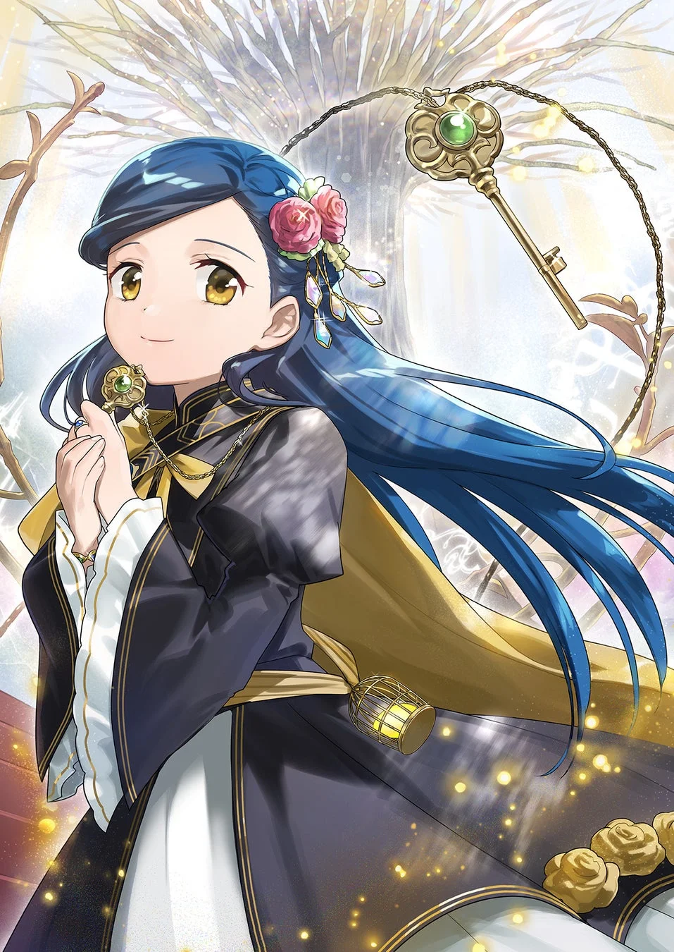 青い髪の少女が笑顔で描かれたファンタジーイラスト。優雅な紺と金のドレスを着て、バラの装飾や鍵のペンダントを身につけている。