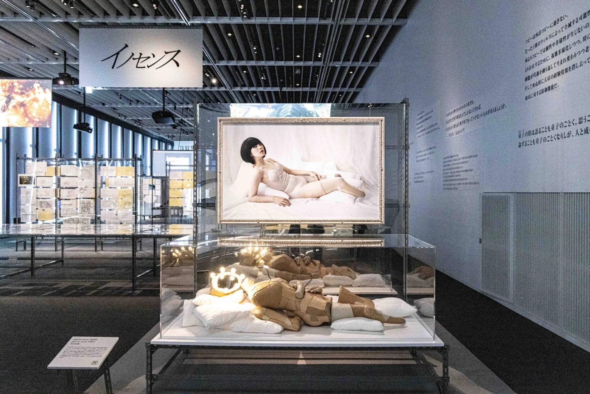 薄暗い展示室で、ランジェリー姿の女性の写真と、その下に横たわるマネキン風の立体作品が展示されている。壁には複製や身体に関する哲学的なテキストが書かれており、現代アートのインスタレーションのようだ。