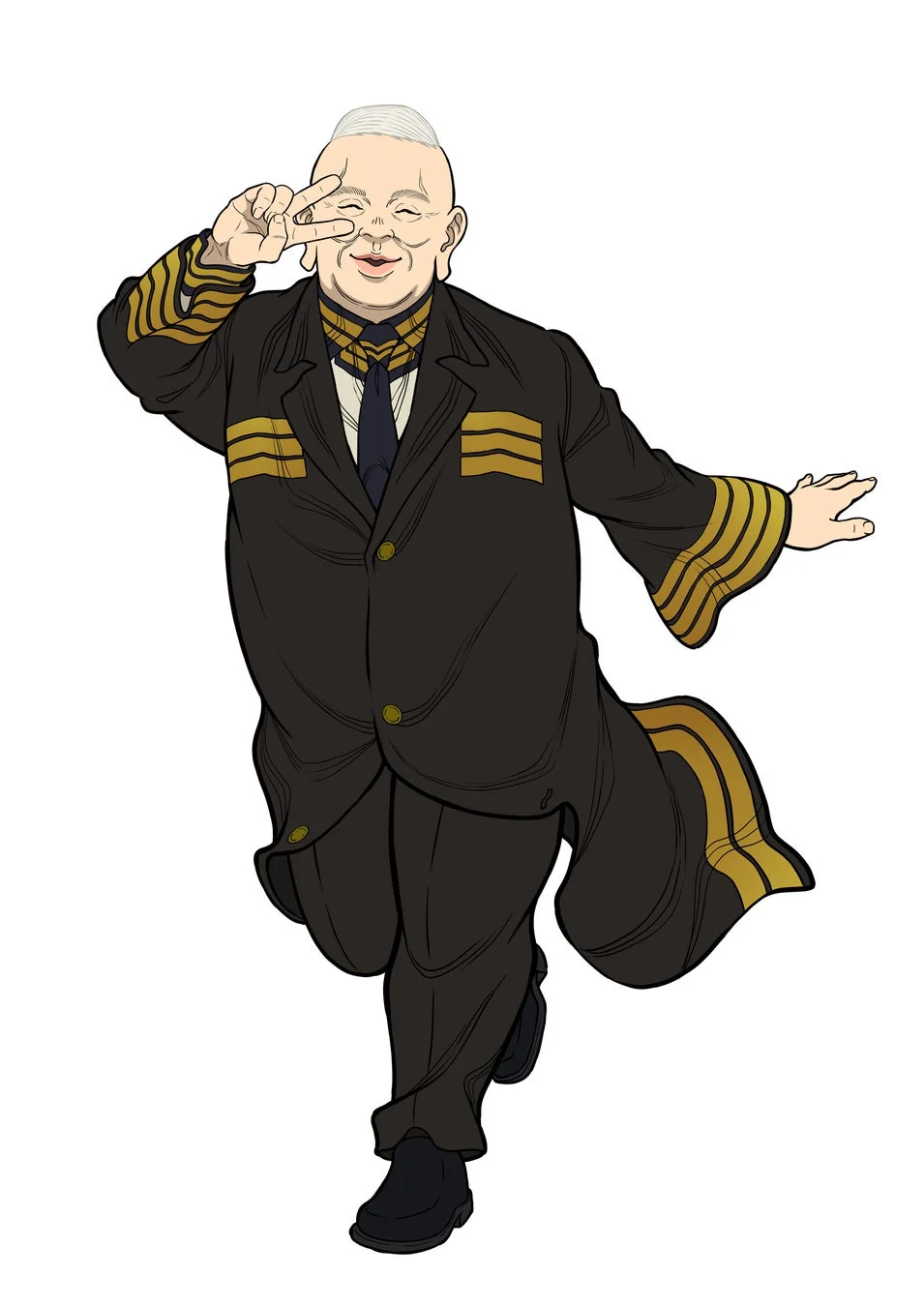 男性,キャラクター,イラスト,笑顔,ピースサイン,制服,太った,白髪,アニメ風,ポーズ