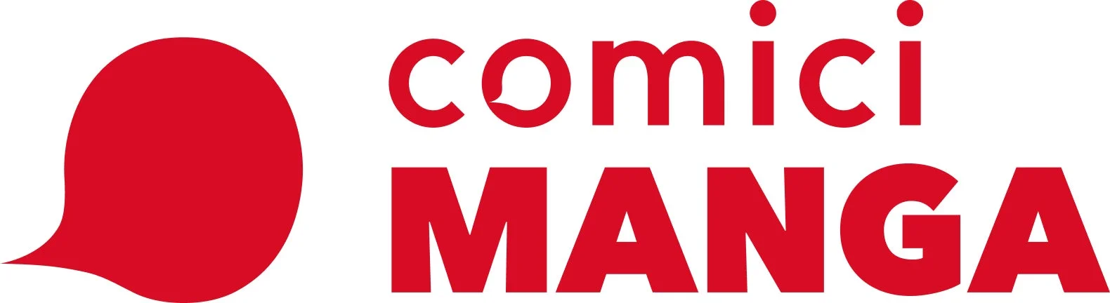 赤い文字で「comici MANGA」と書かれたロゴマークです。左側には赤い吹き出しのような図形があり、「comici」の「o」の文字も吹き出しのアイコンになっています。