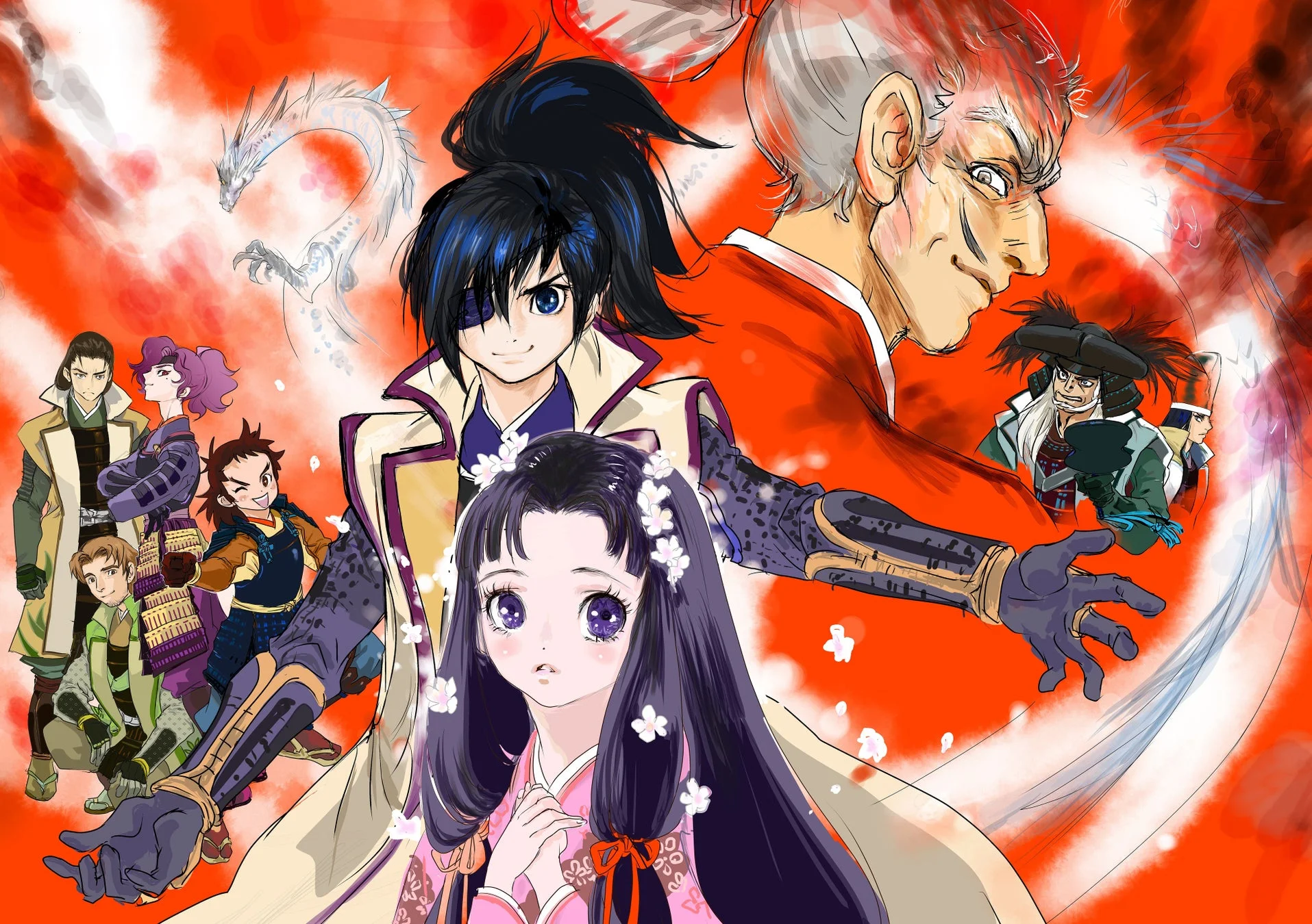 赤背景に、眼帯の少年、着物の少女、そして様々な登場人物と白い龍が描かれたイラスト