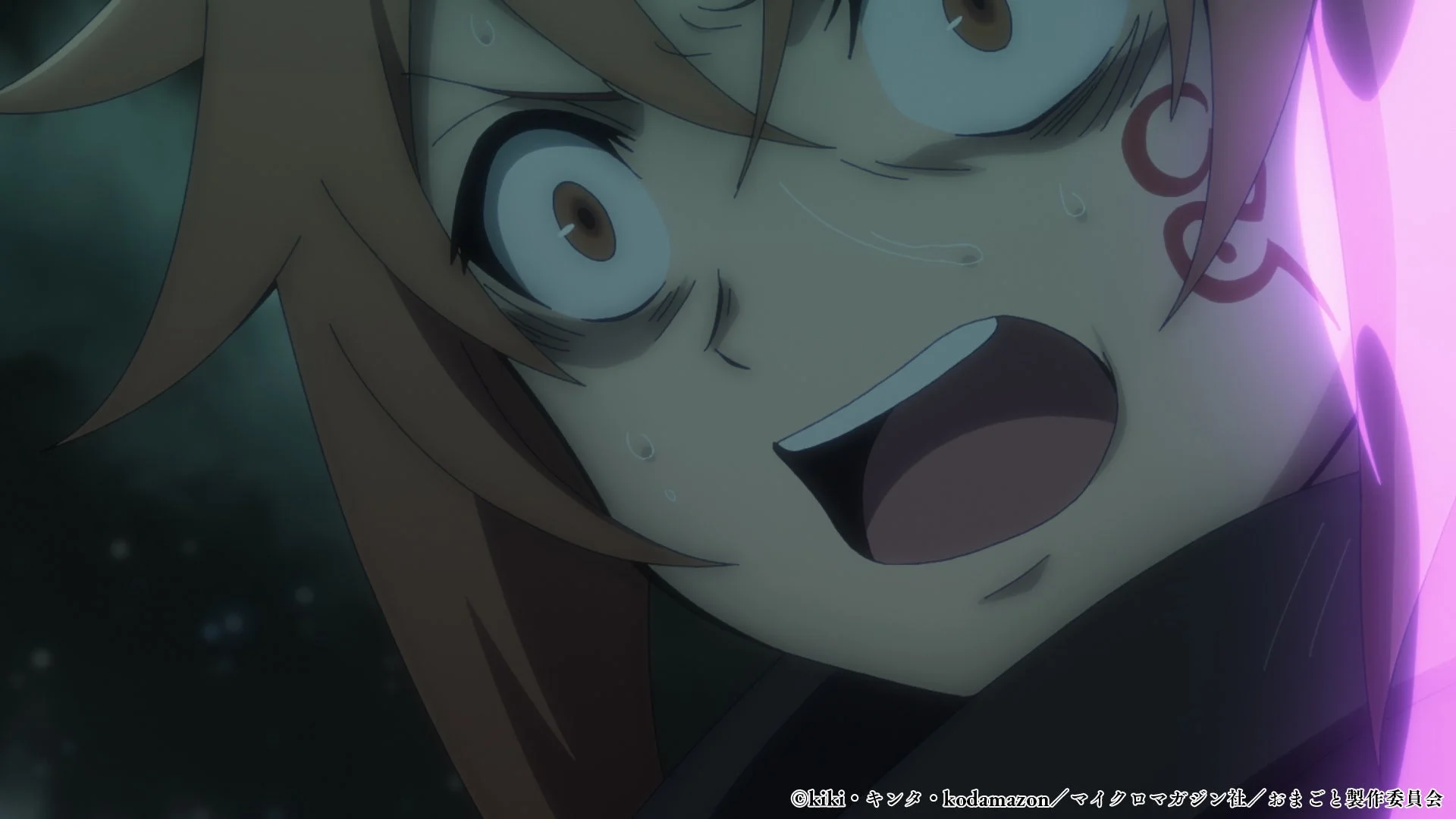 驚きと恐怖に満ちた表情のキャラクター