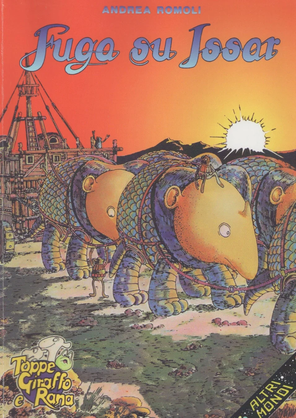 夕焼けの空の下、巨大生物と構造物が進むファンタジーイラスト