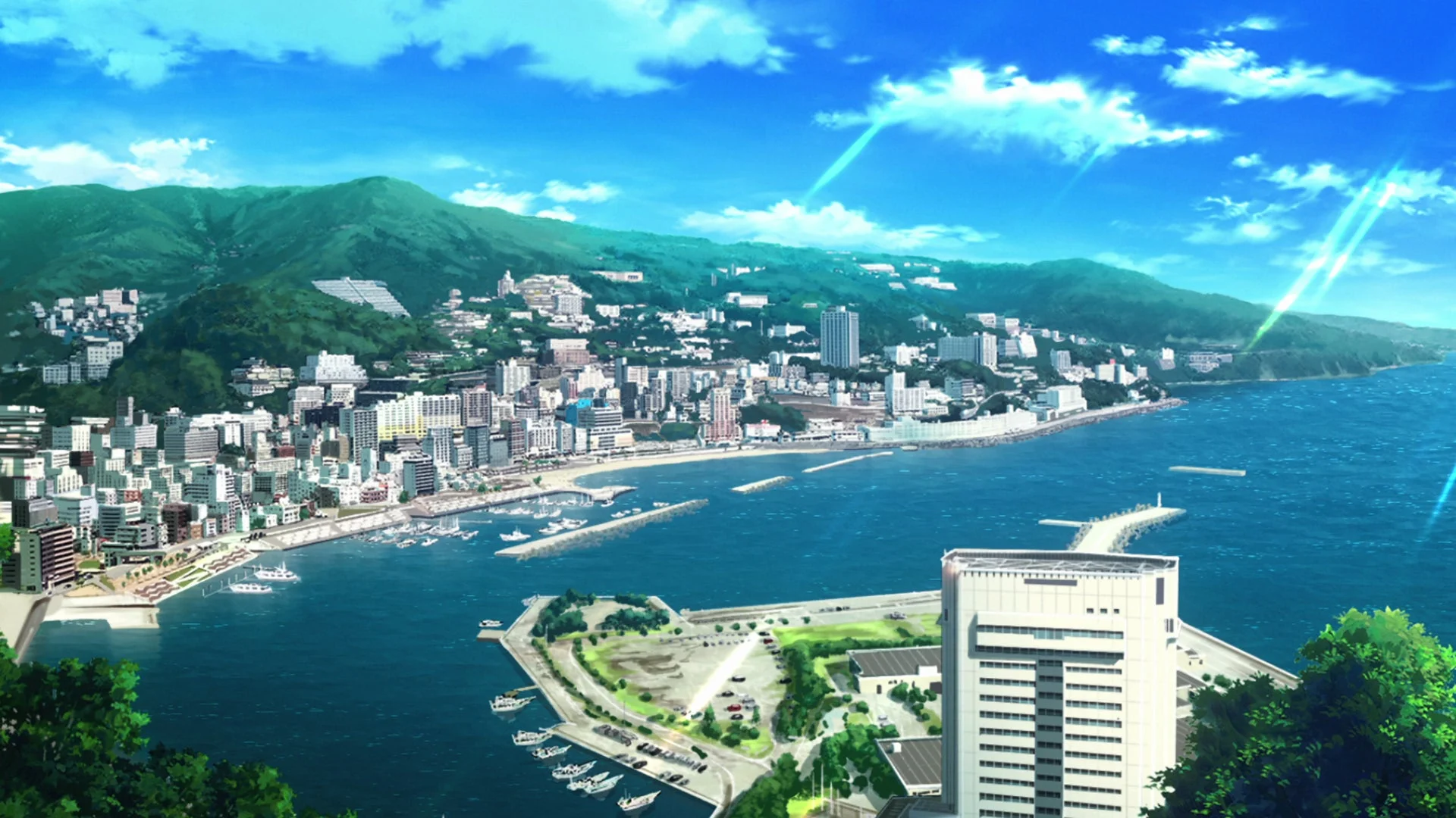 青い空と海が広がる沿岸都市のアニメ風イラスト