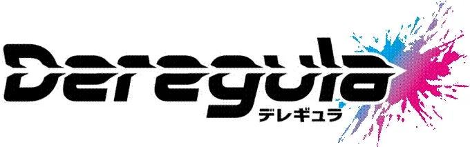 「Dereguia」という英字ロゴと「デレギュラ」というカタカナ表記が、右側に広がるピンクと水色のスプラッシュアートと組み合わされた、鮮やかで躍動感のあるデザインです
