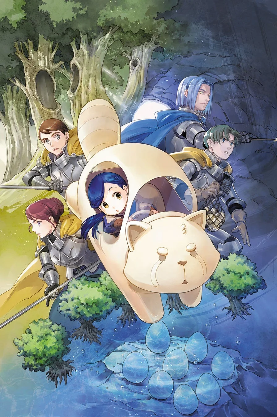 猫型の乗り物に乗った少女を中心に、鎧をまとった騎士たちが周囲を固めるファンタジーイラスト